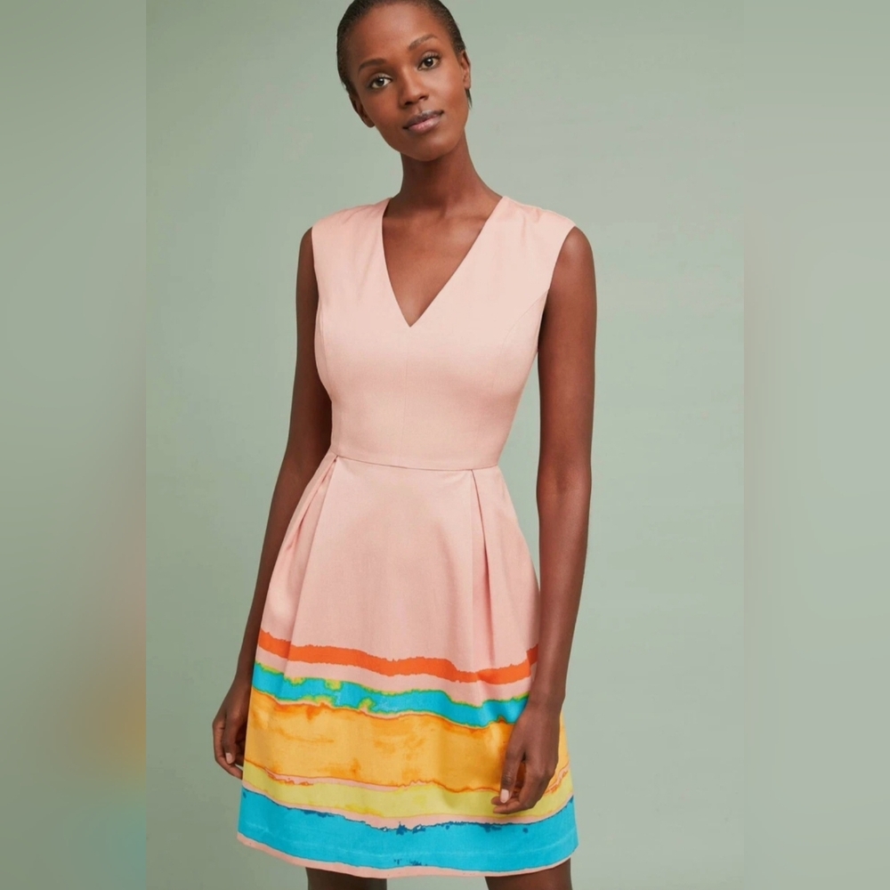 Tracy Reese x Anthropologie Painterly Watercolor Vneck Striped Dress